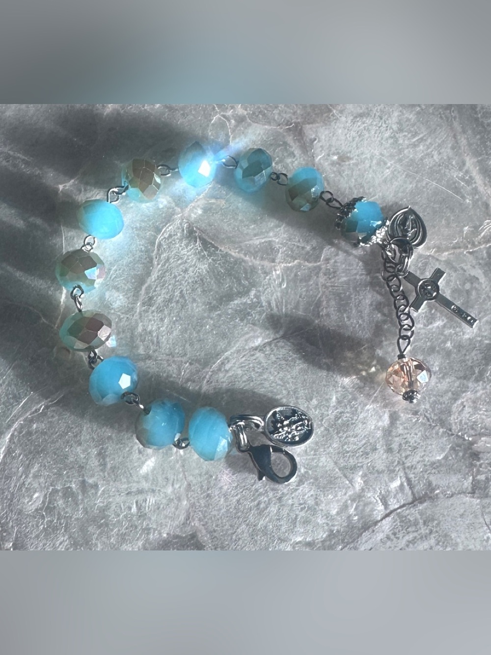 Vintage Catholic AB Glass Blue Rosary Bracelet Italy Medals